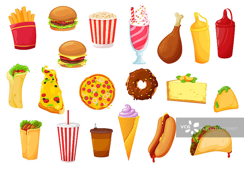 快餐图标：汉堡、披萨、套餐和饮料图片素材