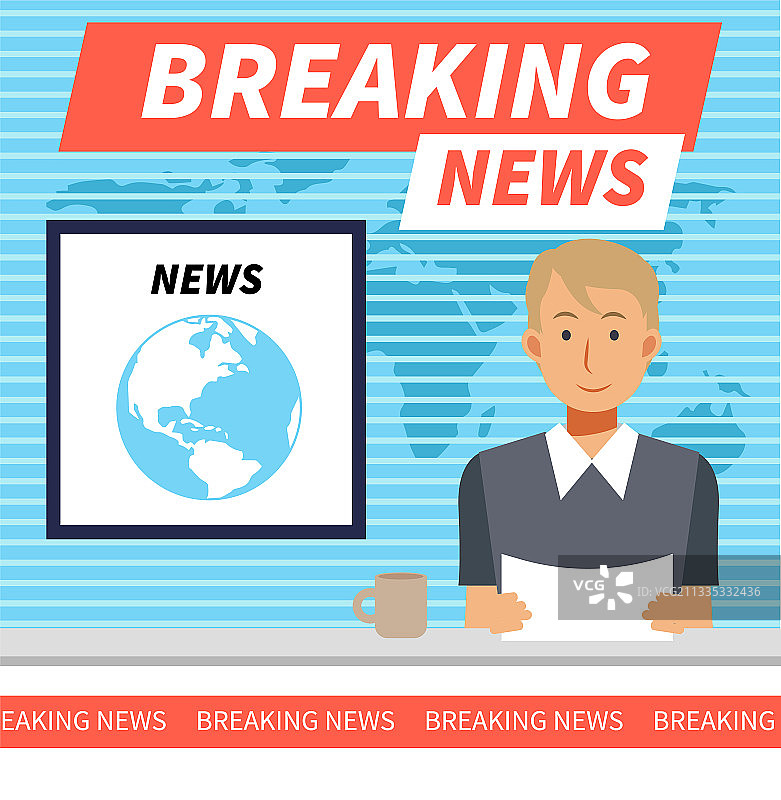 突发新闻扁平概念：男新闻播音员图片素材