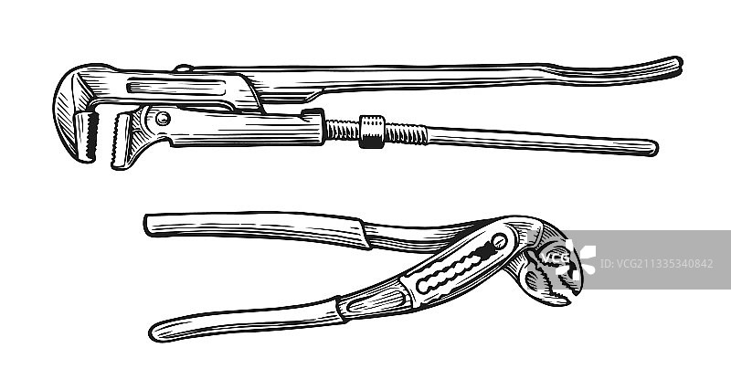 复古活动扳手素描工具套装图片素材