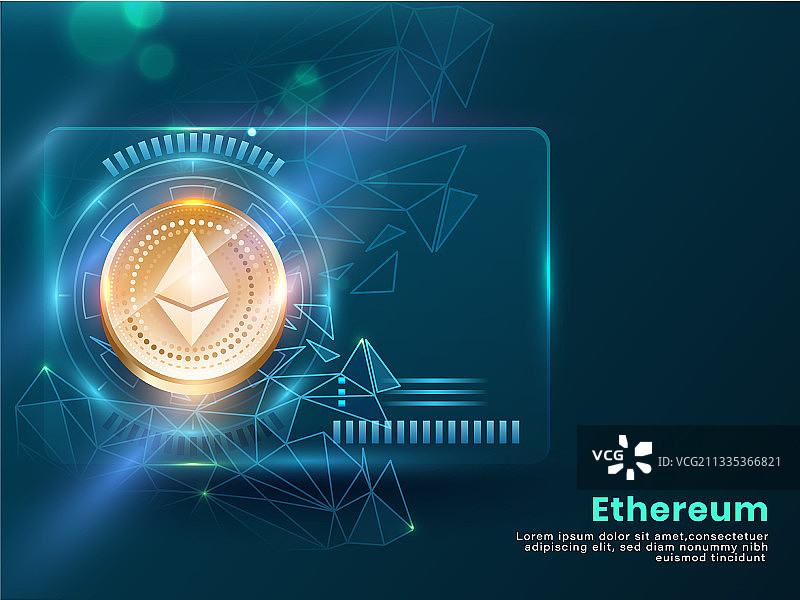 蓝色抽象上的3D金色以太坊硬币图片素材