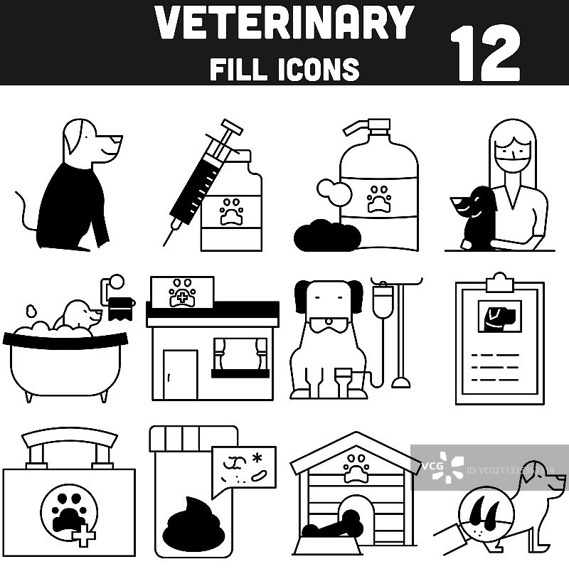 黑白兽医图标扁平风格集合图片素材