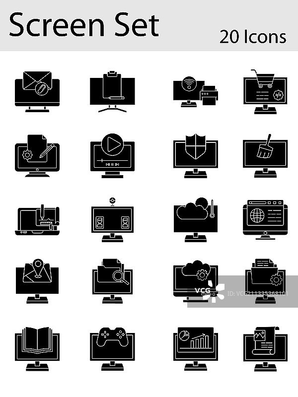 白色背景上的字形风格屏幕图标集图片素材