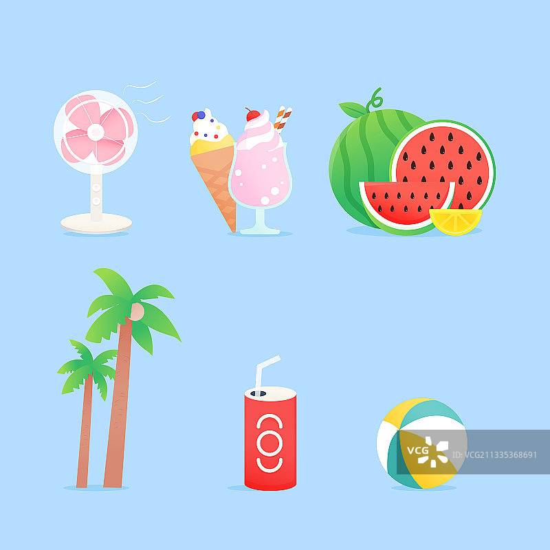 夏天甜品西瓜风扇椰子树矢量插画元素图片素材