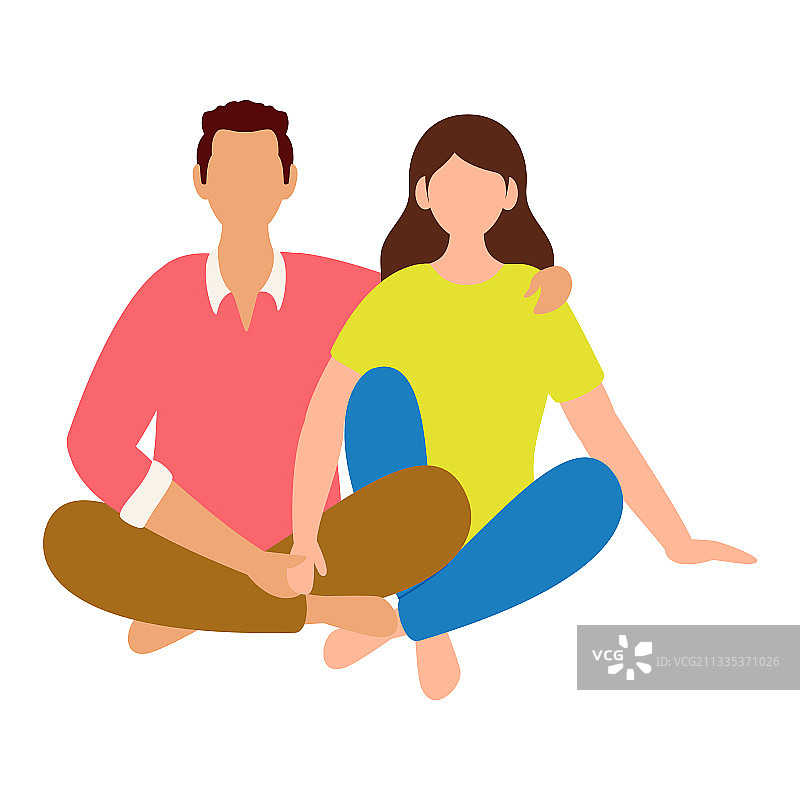 卡通青年情侣一起坐在白色背景上图片素材