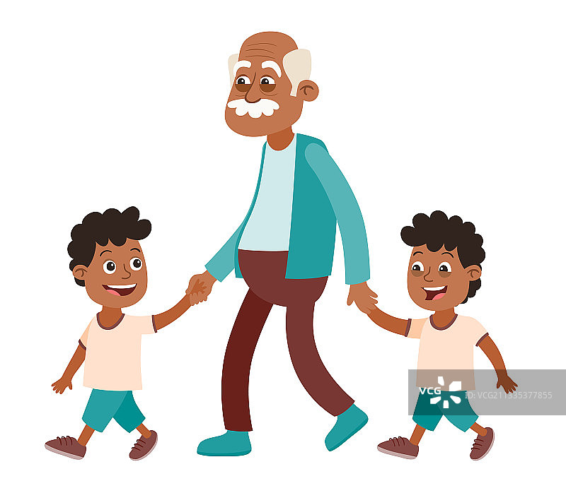 祖父与双胞胎孙辈同行图片素材