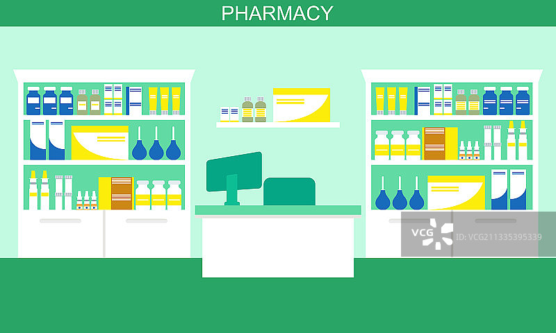 药房内部：柜台和货架上的药品图片素材