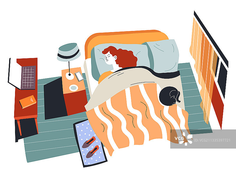 年轻女孩和猫在床上睡觉图片素材