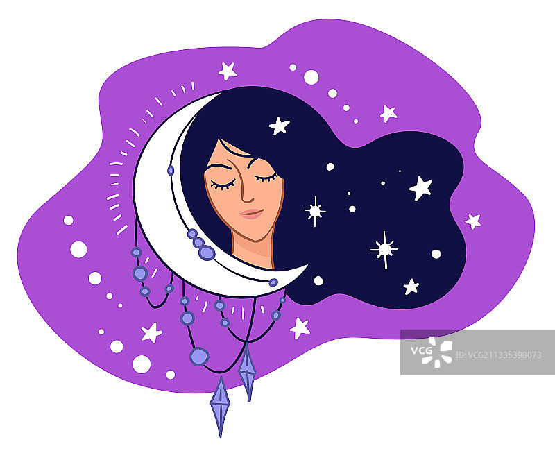 困倦的女人，新月和闪耀的星星图片素材