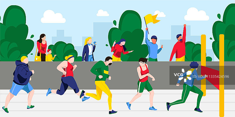 人们一起跑马拉松到达终点线图片素材