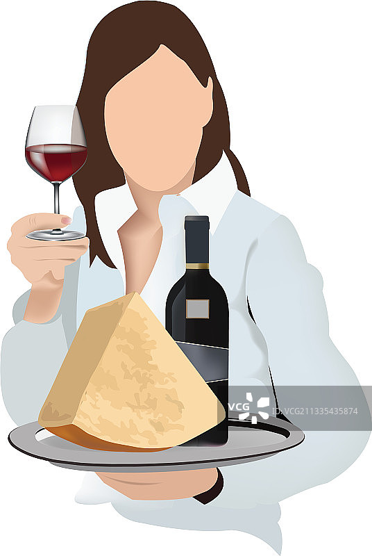 手托托盘和葡萄酒食品的女人图片素材