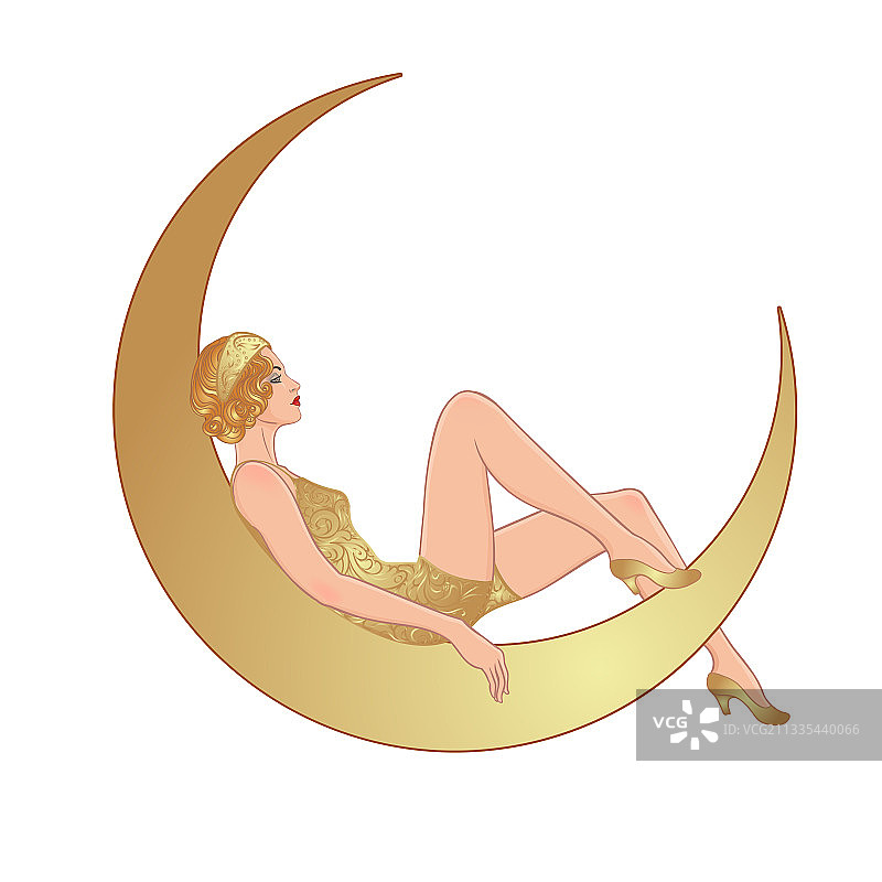 坐在复古纸月牙上的女人图片素材