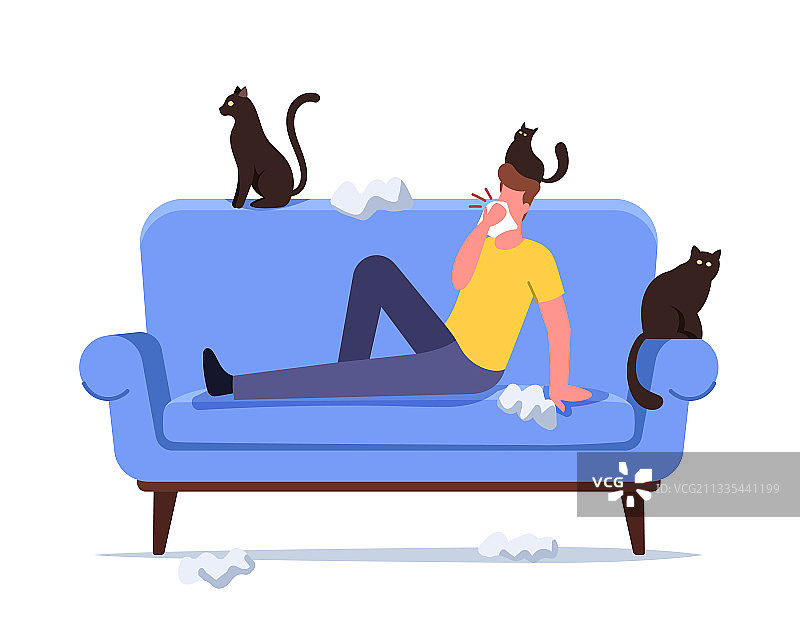 对猫过敏打喷嚏的男人图片素材