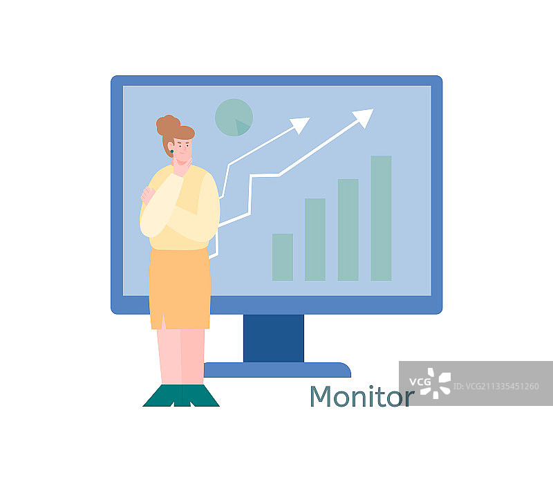 站在卡通巨型电脑显示器旁的女人图片素材