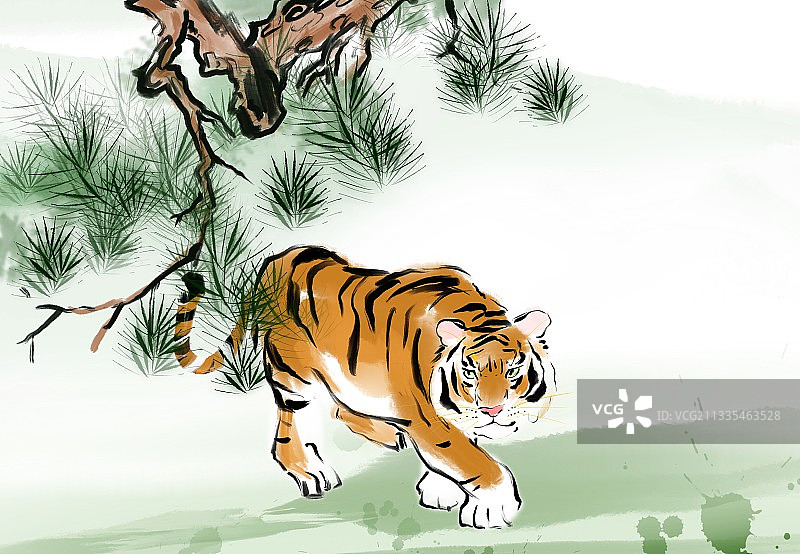 2022虎年插画水墨老虎风景夏天松树林图片素材