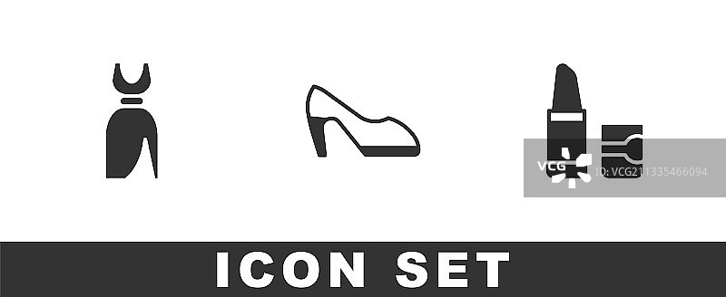 女士连衣裙、鞋子和口红图标合集图片素材