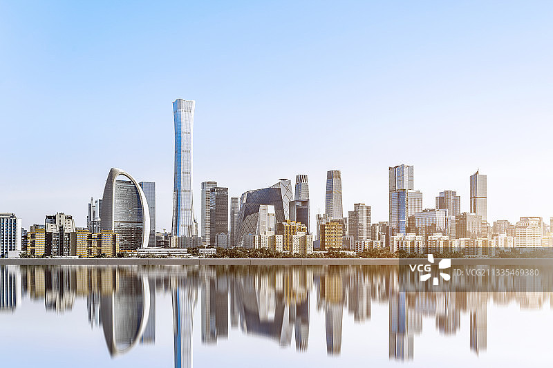 中国北京CBD城市天际线建筑群创意水面倒影图片素材