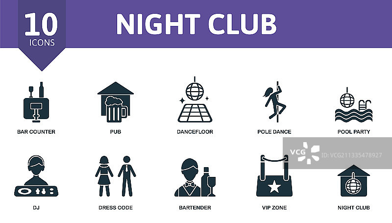 夜生活图标集合，包含可编辑的夜间图标图片素材