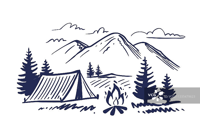山脉露营设计自然素描图片素材