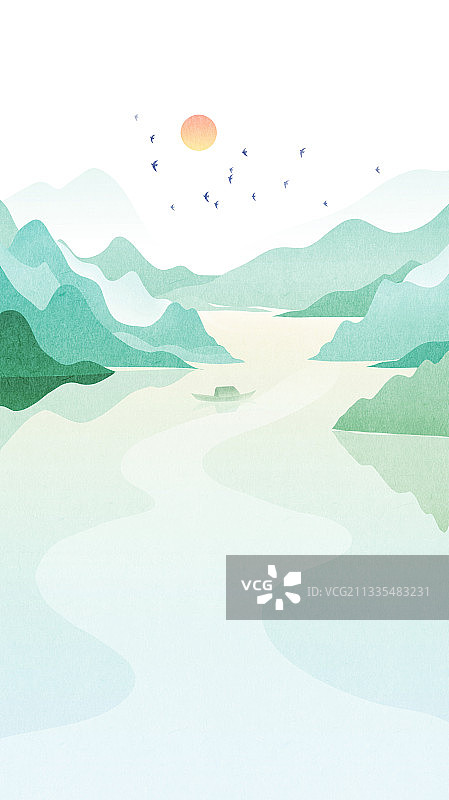 新中式水墨山水插画图片素材