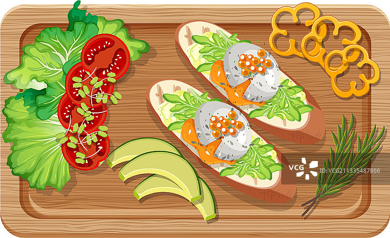 俯视图砧板上的早餐套餐图片素材