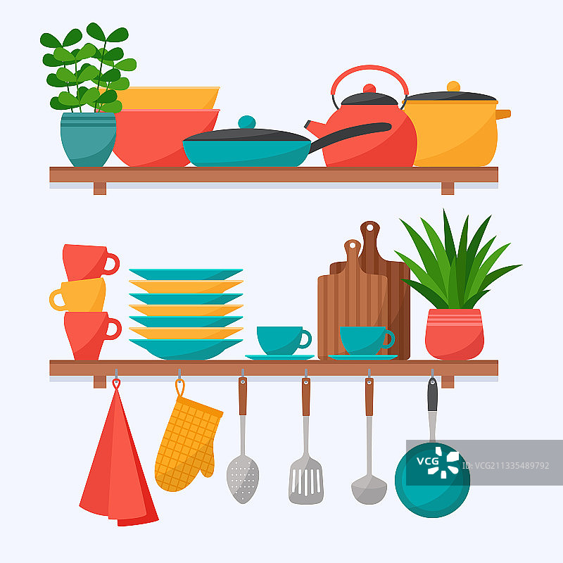 带烹饪工具的厨房置物架图片素材