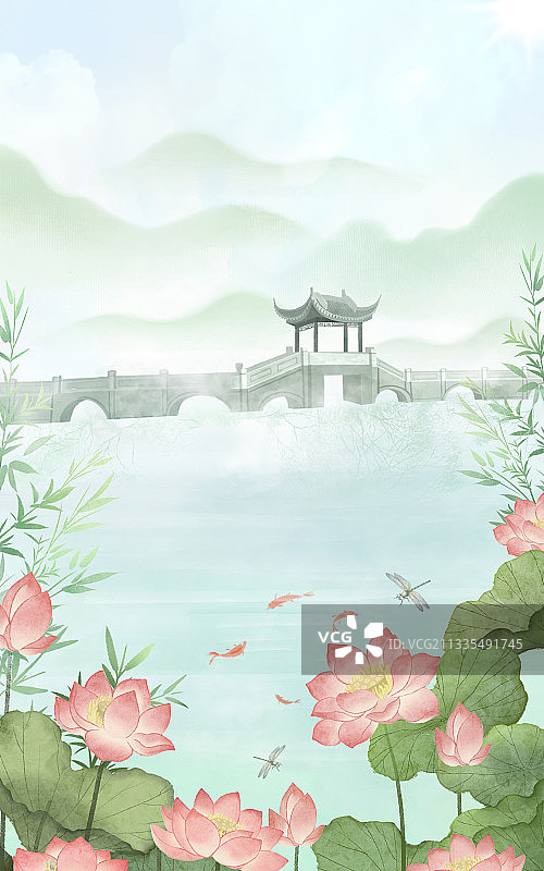 古风水彩荷塘风景图片素材