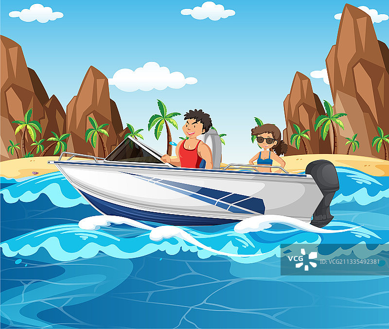 情侣在海滩驾驶快艇图片素材