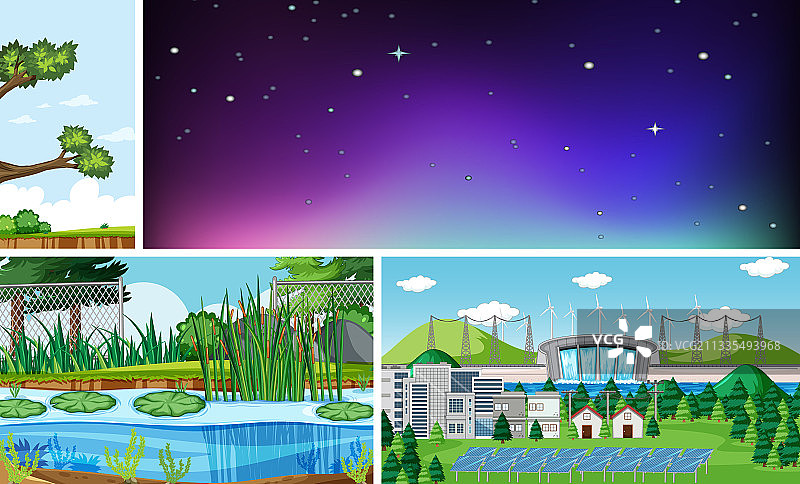 卡通自然场景中的四个不同场景图片素材