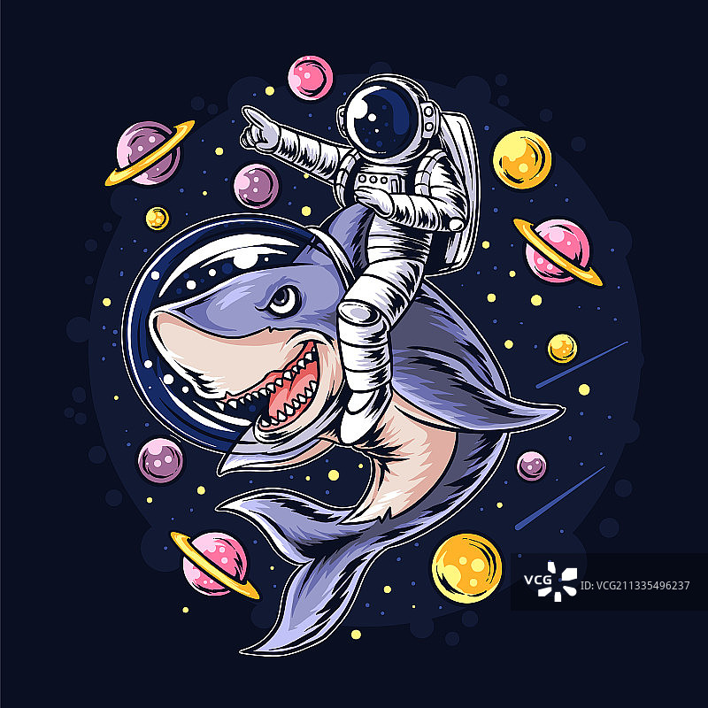 宇航员在太空中骑鲨鱼，背景是行星图片素材
