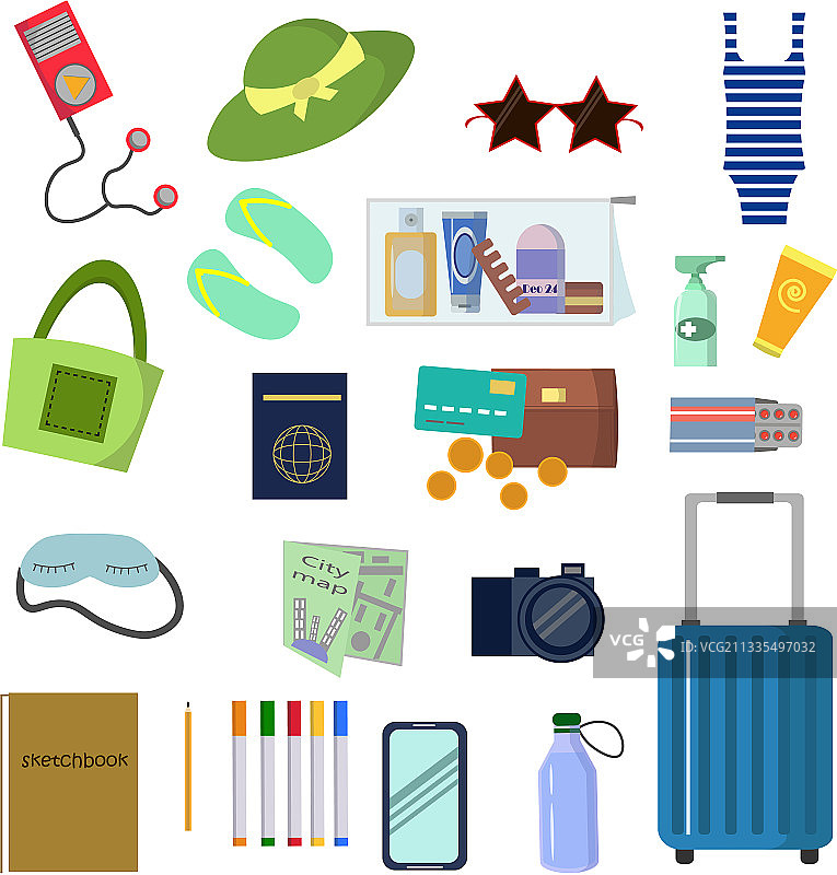 旅行物品套装：行李箱、护照、地图图片素材