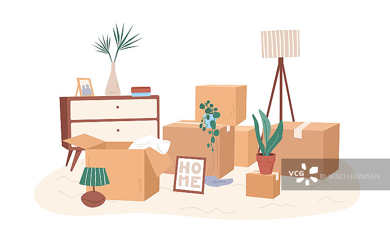 装满个人物品的纸箱房间图片素材
