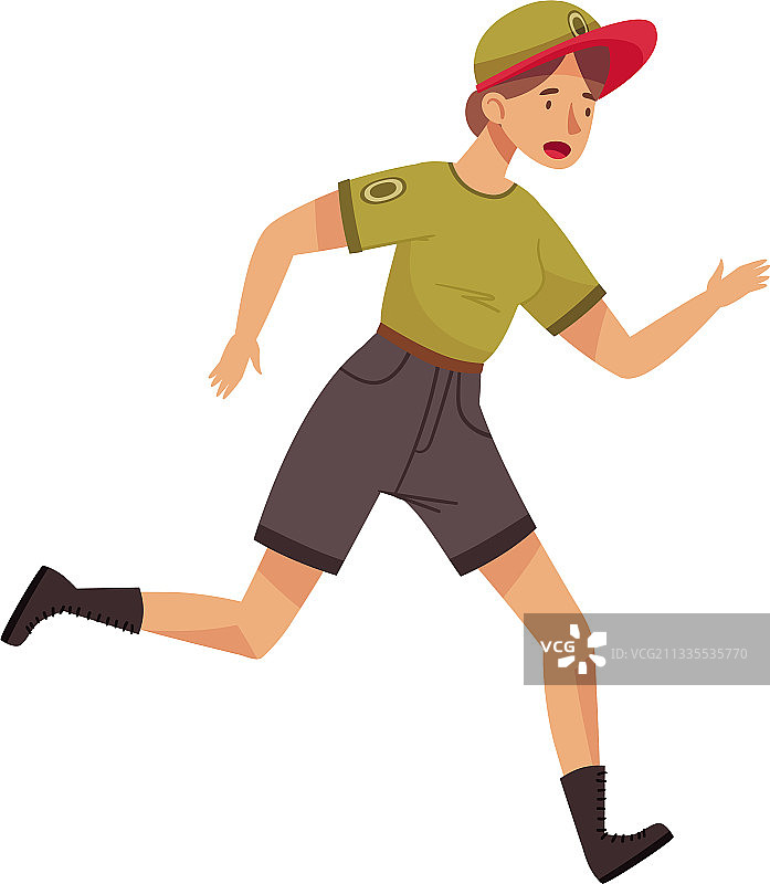 戴着卡其色帽子和短裤的女护林员在跑步图片素材