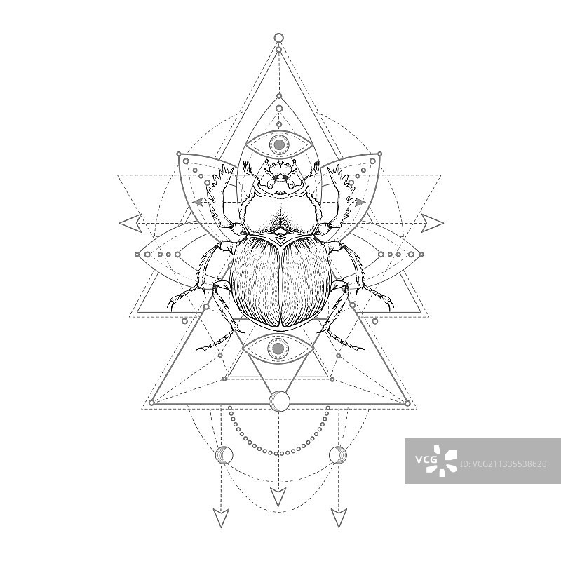 白色背景上手绘圣甲虫和神圣符号图片素材