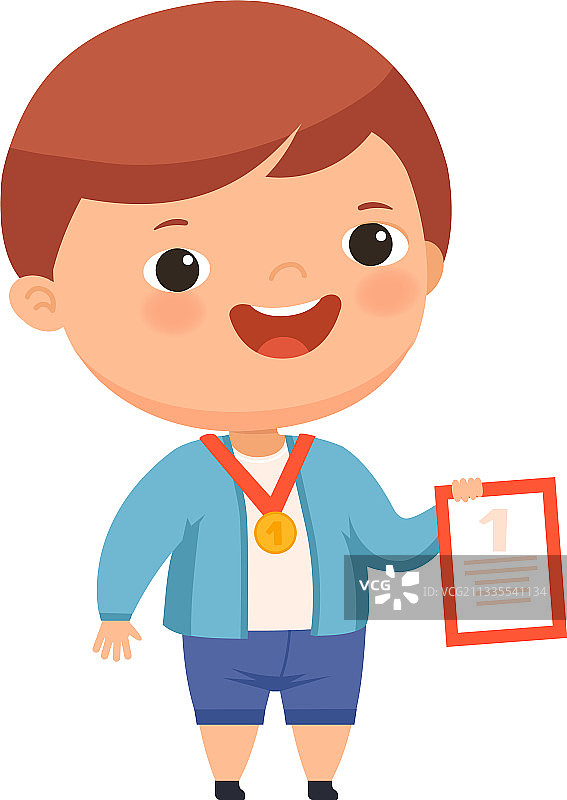 脖子上挂着金牌的微笑男孩图片素材