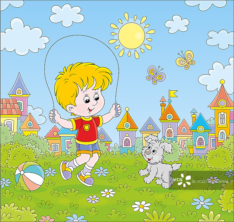 和小狗一起跳绳的小男孩图片素材