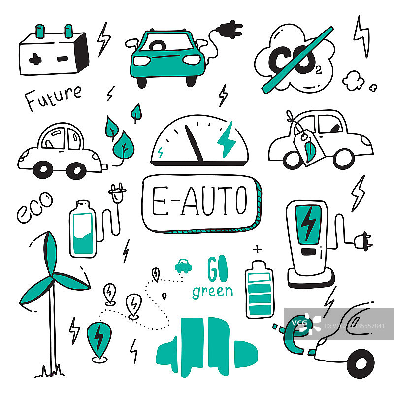 绿色能源汽车涂鸦合集图片素材
