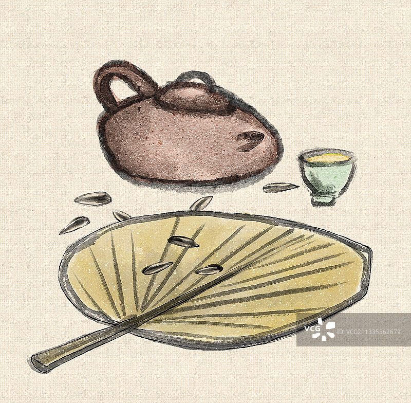 中国画夏天乘凉喝茶嗑瓜子图片素材