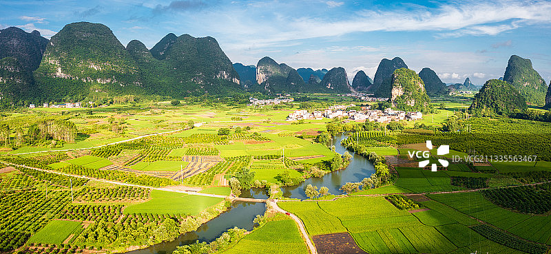 航拍桂林会仙湿地古桂柳运河铜桥图片素材