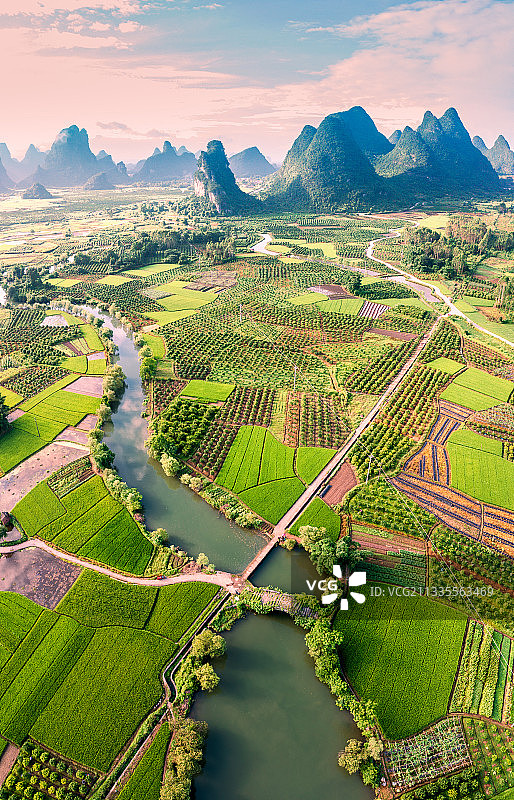 航拍桂林会仙湿地古桂柳运河铜桥图片素材