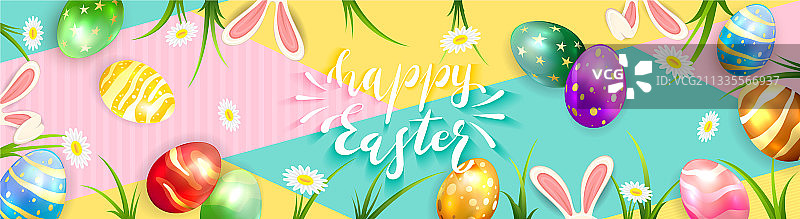彩色banner上的兔子耳朵复活节彩蛋图片素材