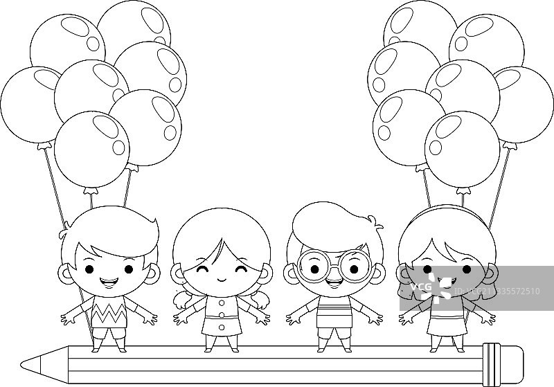 孩子们骑在飞翔的铅笔上给书本涂色图片素材