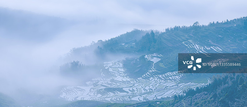 晨雾中的联合云山梯田图片素材