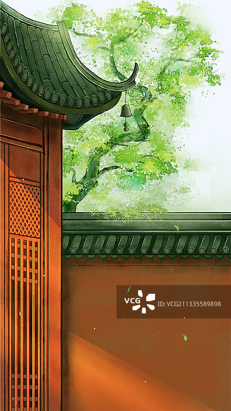 古建筑春天风景中国风手绘插画图片素材