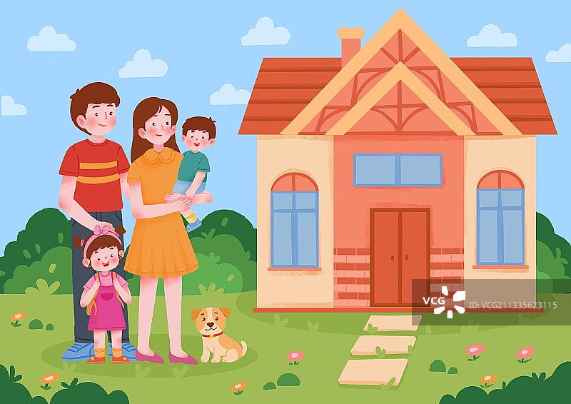 插画,人物,花园小区,家庭,全家福,二胎,相伴,儿童,父亲,图片素材