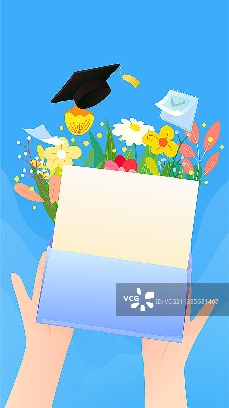 双手拿着通知书花束学士帽矢量插画海报竖图图片素材