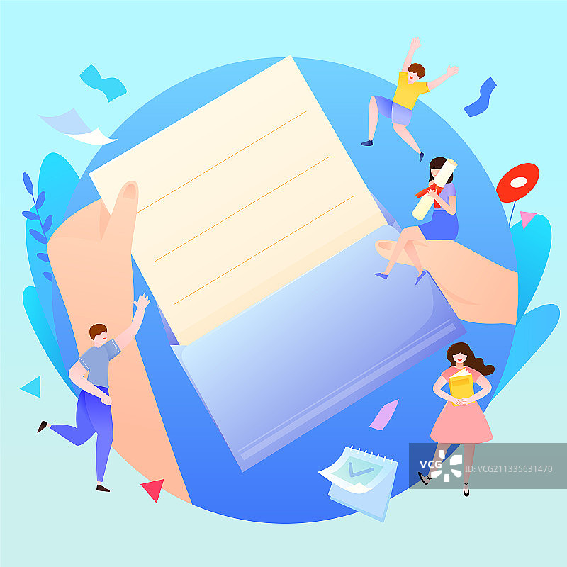 多人庆祝手拿通知书教育主题矢量插画海报方图图片素材