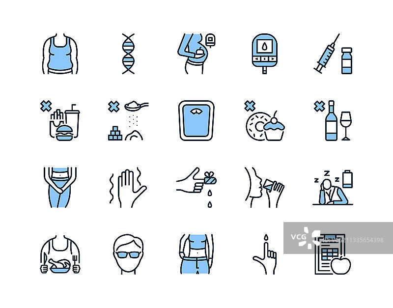 糖尿病蓝色扁平线条图标集图片素材