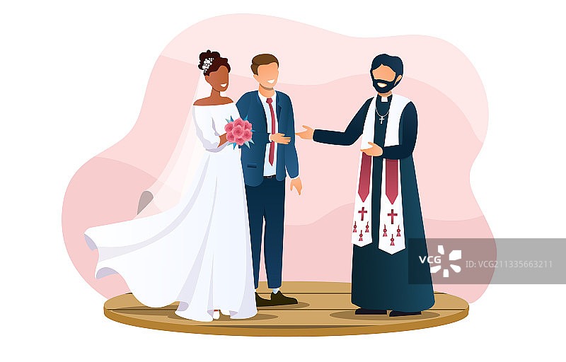 可爱的新婚夫妇和牧师站在一起图片素材