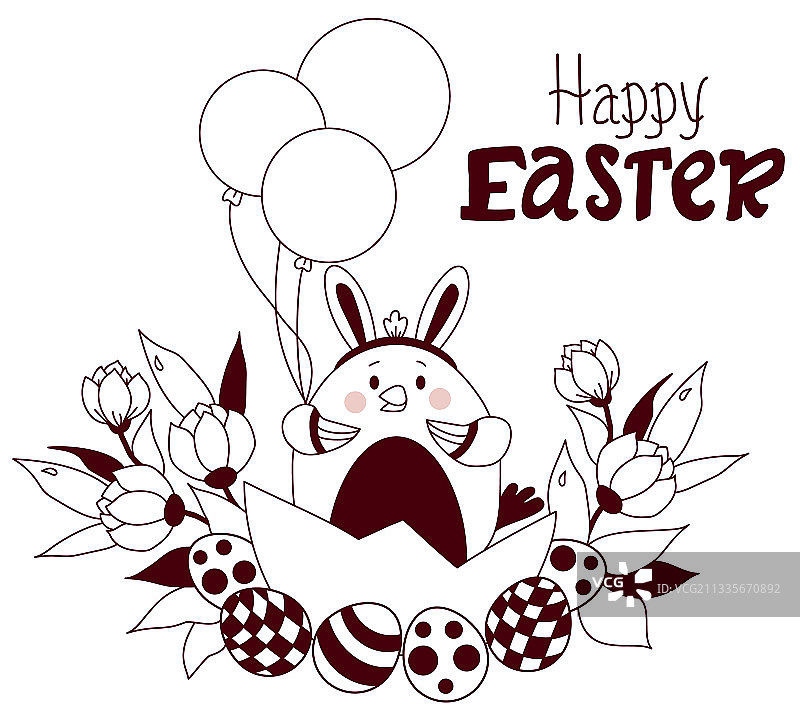 复活节贺卡：戴兔耳朵的小鸡图片素材