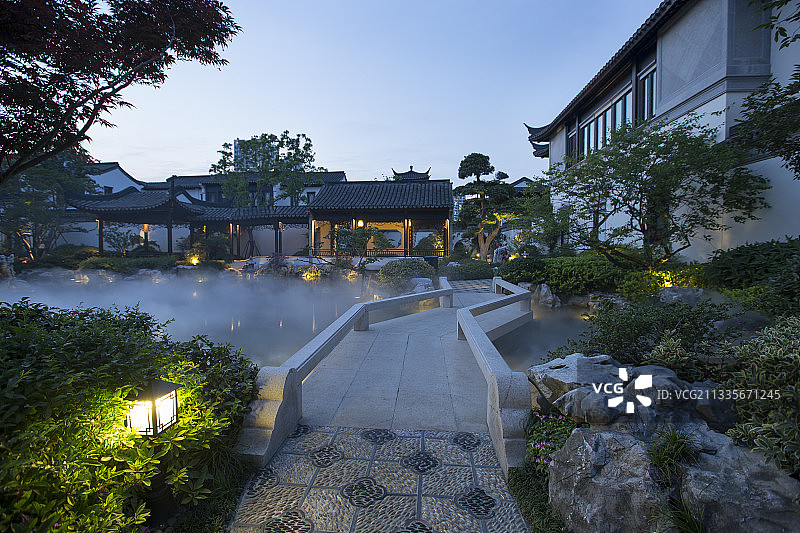 园林建筑，徽派建筑，桃花源，傍晚图片素材